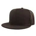 Macro shot of dark brown twill fabric texture on a 6-panel flat brim snapback hat - Coffee