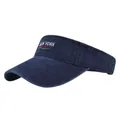 Side view of navy blue visor hat with New York embroidery and washed cotton texture - Adjustable / Navy Blue