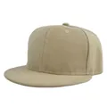 Detail of khaki snapback cap showing high-density cotton twill fabric and stitching - Beige