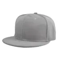 Detailed close-up of grey flat brim snapback baseball cap with six-panel design - Gray