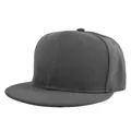 Detailed close-up of dark grey flat brim snapback baseball cap with twill fabric texture - Dark Gray