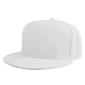 Close-up of a white snapback baseball cap showing the 6-panel structure and breathable eyelets - White