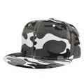 Detailed view of camo pattern and white stitching on a flat brim snapback baseball cap - Black and White Camouflage