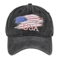 Dettaglio del cappellino da baseball nero slavato con ricamo della bandiera degli USA - Regolabile / Nero