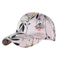 Detailed close-up of light pink satin baseball cap with elegant floral line art and embroidery - Adjustable / Light Pink Black White Line Floral (6)