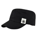 Close-up of black cotton cadet cap featuring a side woven label with a star pattern - Adjustable / Black