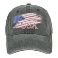 Detailed view of dark grey washed cotton baseball cap with USA flag and letter embroidery - Adjustable / Army Green