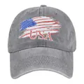 Detailed macro of vintage grey washed denim baseball cap with USA flag embroidery - Adjustable / Gray