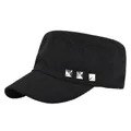 Detail of three silver square metal rivets on a black cotton cadet military cap - Adjustable / Black