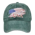 Detailed view of dark green washed cotton baseball cap with USA flag and embroidery - Adjustable / Grass Green