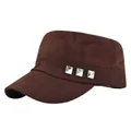 Close-up detail of side metal rivets on a dark brown cotton twill flat top cadet cap - Adjustable / Coffee