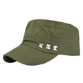 Army green cotton cadet cap with metallic studs and durable flat top military style - Adjustable / Army Green