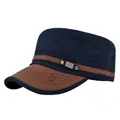 Donkerblauwe cadetpet met bruine leren klep, metalen logo en sterborduurwerk - Verstelbaar / Marineblauw