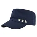 Flat top cotton military cap in navy blue with decorative silver square metal rivets - Adjustable / Navy Blue
