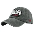 Détail de casquette de baseball grise délavée vintage avec broderie 3D et coutures nettes - Réglable / Vert Militaire