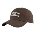Detail of embroidered 'WHERE DO CLOUDS GO' text on a dark brown cotton baseball cap - Coffee