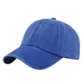 Detailed view of dark blue washed cotton texture and stitching on a classic baseball cap - Adjustable / Sapphire Blue