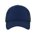 Close-up of a navy blue trucker hat featuring breathable mesh and parallel brim stitching - Adjustable / Navy Blue