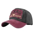 Vintage TEXAS Baseballkappe aus gewaschener Baumwolle mit Stier-Stickerei und Schirm - Weinrot und Schwarz