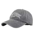 Detailed close-up of vintage washed grey baseball cap with New York embroidery - Adjustable / Gray