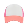 Vista detallada de gorra trucker tricolor con frente blanco y malla rosa neón - Ajustable / Orange Pink And White