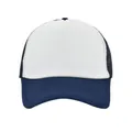 Vista frontal detallada de una gorra trucker bicolor con malla azul marino y blanco - Ajustable / Azul y Blanco