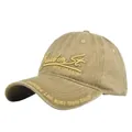 Detailed view of yellow Bourbon Street embroidery on a washed khaki baseball cap - Khaki