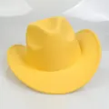 Detail of a bright yellow western cowboy hat with felt texture and wide curved brim - 54cm / Yellow