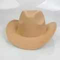 Detail shot of khaki wool felt cowboy hat with upturned brim and premium stitching - 54cm / Camel