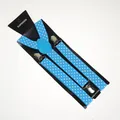 Close-up of light blue polka dot elastic suspenders with silver metal adjustment clips - Adult / 100x2.5cm / Sky Blue Polka Dot