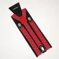 Detailed close-up of red and white polka dot elastic suspenders with metal clips - Adult / 100x2.5cm / Red Polka Dot