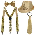 Flat lay of gold sequined 4-piece men's set featuring jazz hat, tie, bowtie, and suspenders - Gold