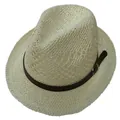 Crèmekleurige Fedora strohoed met opengewerkt weefsel en bruine leren band met metalen gesp - 56-58cm / Wit