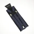Detail of navy blue polka dot suspenders with metal clips on branded card packaging - Adult / 100x2.5cm / Navy Blue Polka Dots