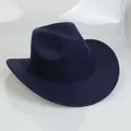 Detail view of the navy blue wool felt western cowboy hat with wide curled brim - 54cm / Navy Blue