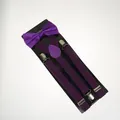 Detail view of purple Y-back suspenders and matching satin bowtie set with metal clips - Adult Double Layer Bow Tie / Purple
