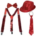 Close-up of a 4-piece red sequin set with a hat, suspenders, bowtie, and long necktie - Red