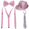 Pink sequin fedora hat, bowtie, Y-back suspenders and tie set for 1920s Gatsby party - Pink