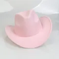 Detail view of pink wool felt western cowboy hat with curved brim and indented crown - 54cm / Pink