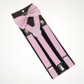 Pink bow tie and Y-back elastic suspender set with silver metal clips on card - Adult Double Layer Bow Tie / Pink