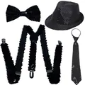 Men's 4-piece black sequin accessories set including fedora, suspenders, tie, and bowtie - Black