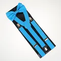 Detail of teal blue Y-back suspenders and matching bowtie set with silver metal clips - Adult Double Layer Bow Tie / Sky Blue