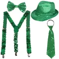 Green sequin party set with fedora hat, suspenders, bowtie, and tie for themed costumes - Green