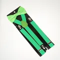 Detail view of bright green kids bowtie and elastic suspenders set with silver metal clips - Adult Double Layer Bow Tie / Light Green