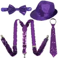 Detailed view of 1920s Gatsby style purple sequined hat, bowtie, suspenders, and necktie set - Purple