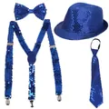 Detailed four-piece blue sequin accessory set with hat, suspenders, bowtie, and necktie - Blue