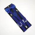 Detail of royal blue bow tie and elastic suspenders with silver metal clips set - Adult Double Layer Bow Tie / Sapphire Blue