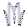 Detail of Y-back elastic suspenders featuring black polka dots and metal adjustment clips - Kids / 60CM / White Polka Dot