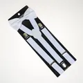 Macro view of white elastic suspenders with silver metal clips and matching bow tie set - Adult Double Layer Bow Tie (01-J) / White