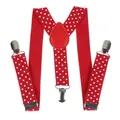 Detail of red and white polka dot Y-back elastic suspenders with silver metal clips - Kids / 60CM / Red Polka Dot